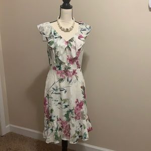 DKNY Cream rose floral ruffled sleeveless dress